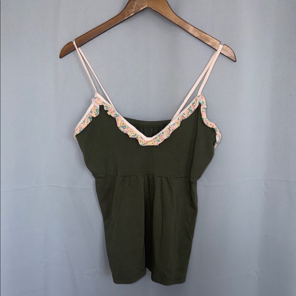 Floral Trim synched babydoll Olive Camisole feminine floral y2k size medium